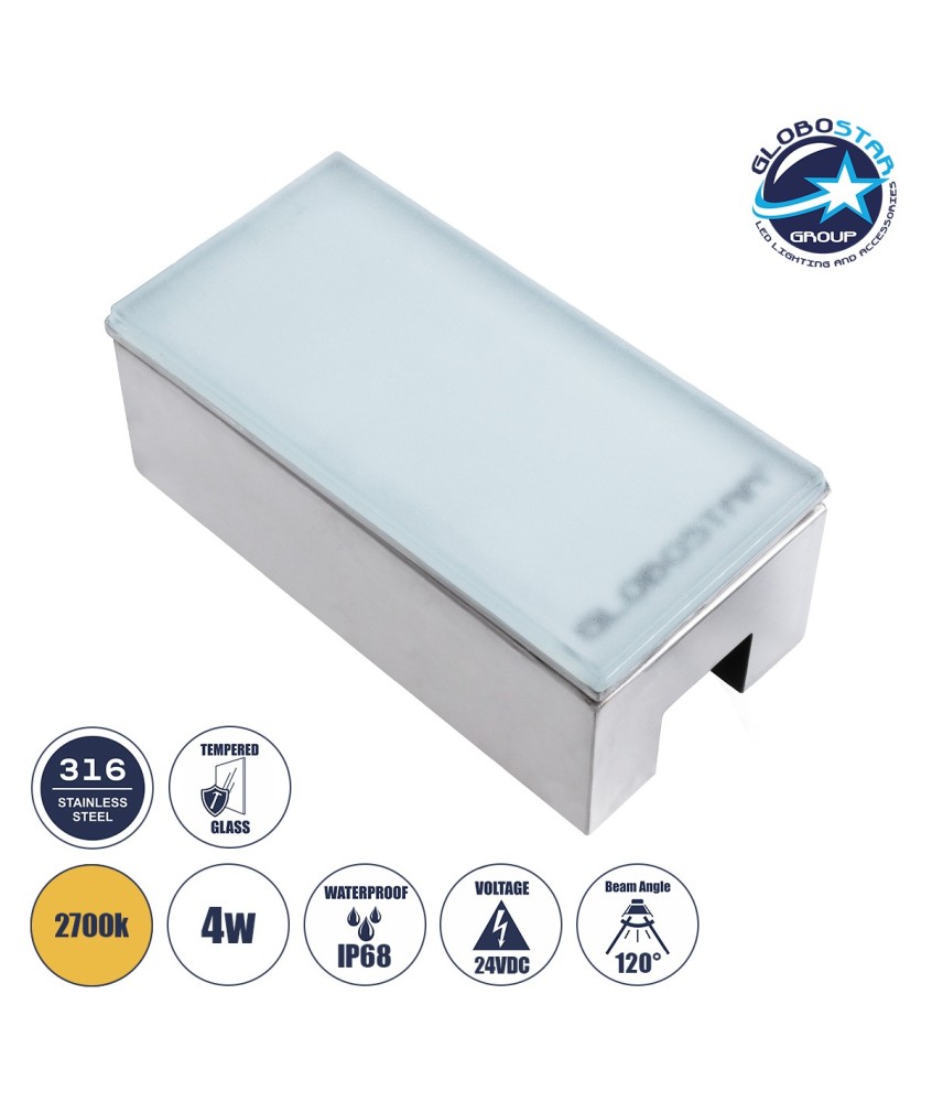 GloboStar® CYBOLITHOS 60949 Χωνευτό Φωτιστικό Σποτ Δαπέδου LED 4W 520lm 120° DC 24V Αδιάβροχο IP68 IK06 Μ20 x Π10 x Υ8cm 2700K Dimmable - Tempered Γαλακτερό Γυαλί & Ανοξείδωτο Ατσάλι - Bridgelux Chip - 3 Χρόνια Εγγύηση